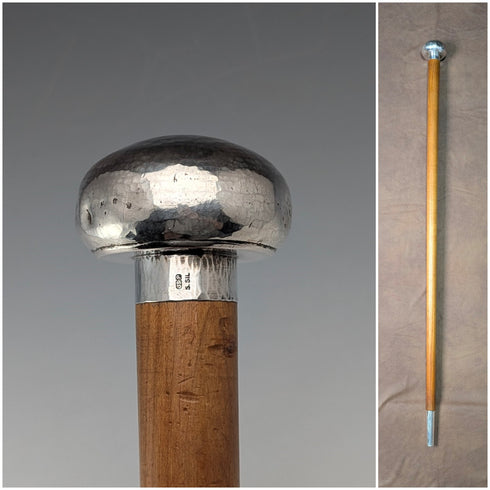 Vintage thick tan shaft pure silver round handle walking stick 86cm